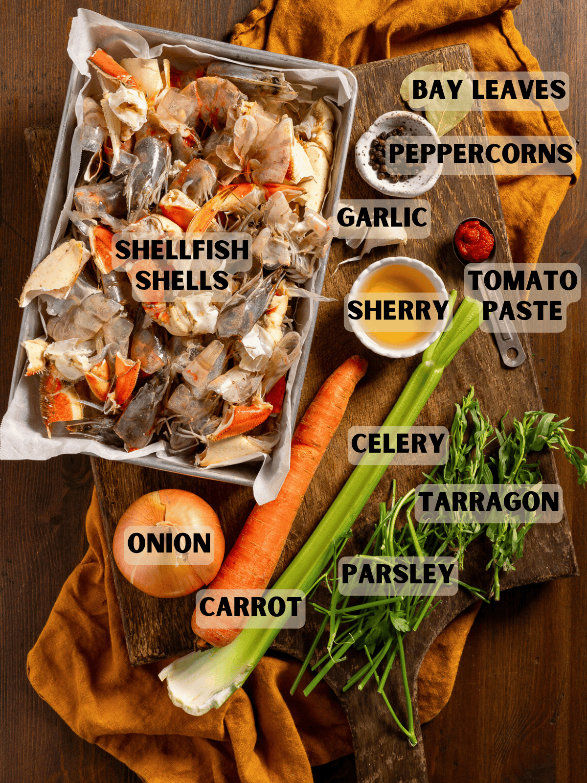 Labeled Ingredients for seafood stock.