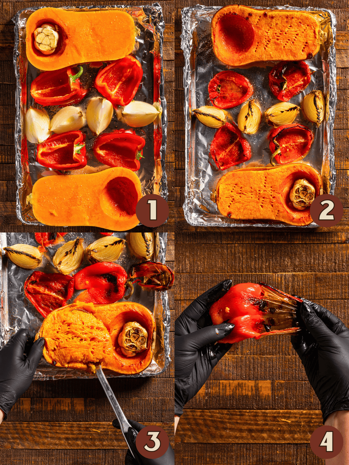 Roasted butternut squash, red peppers, and garlic on a baking tray.