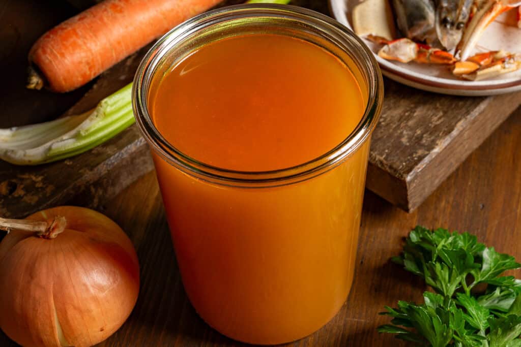 Seafood stock in a jar.