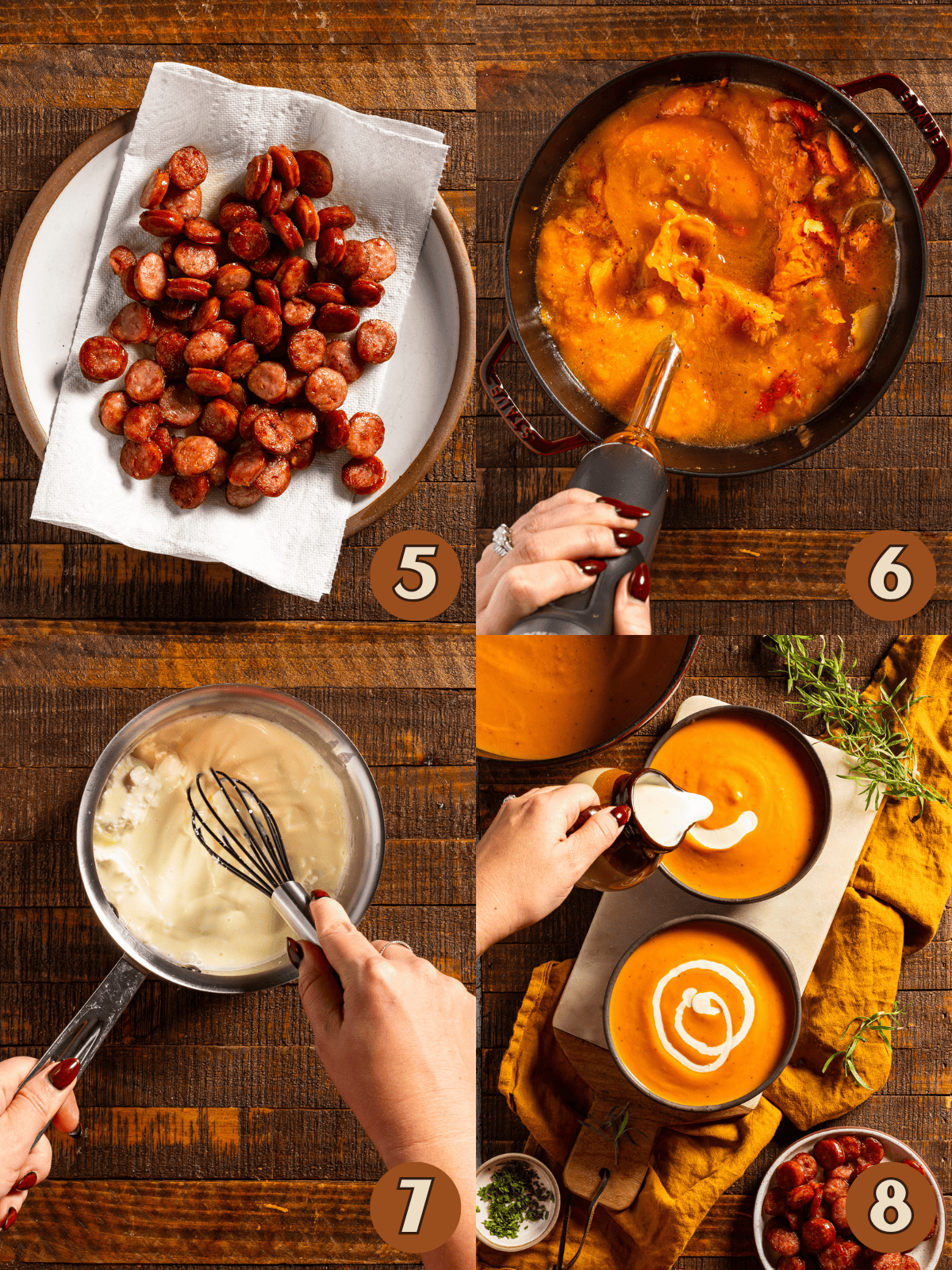 Seared sausage, and blending butternut squash soup.