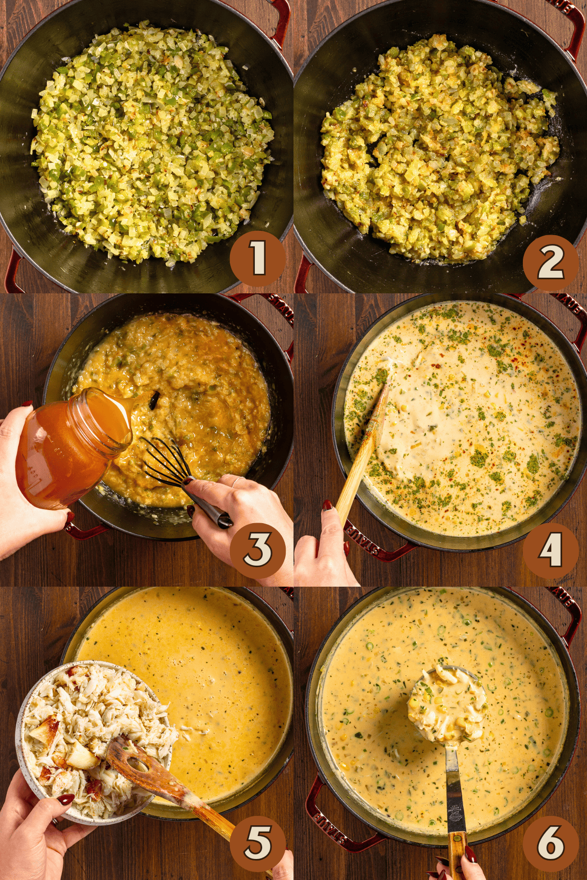 Steps of how to make corn and crab bisque.