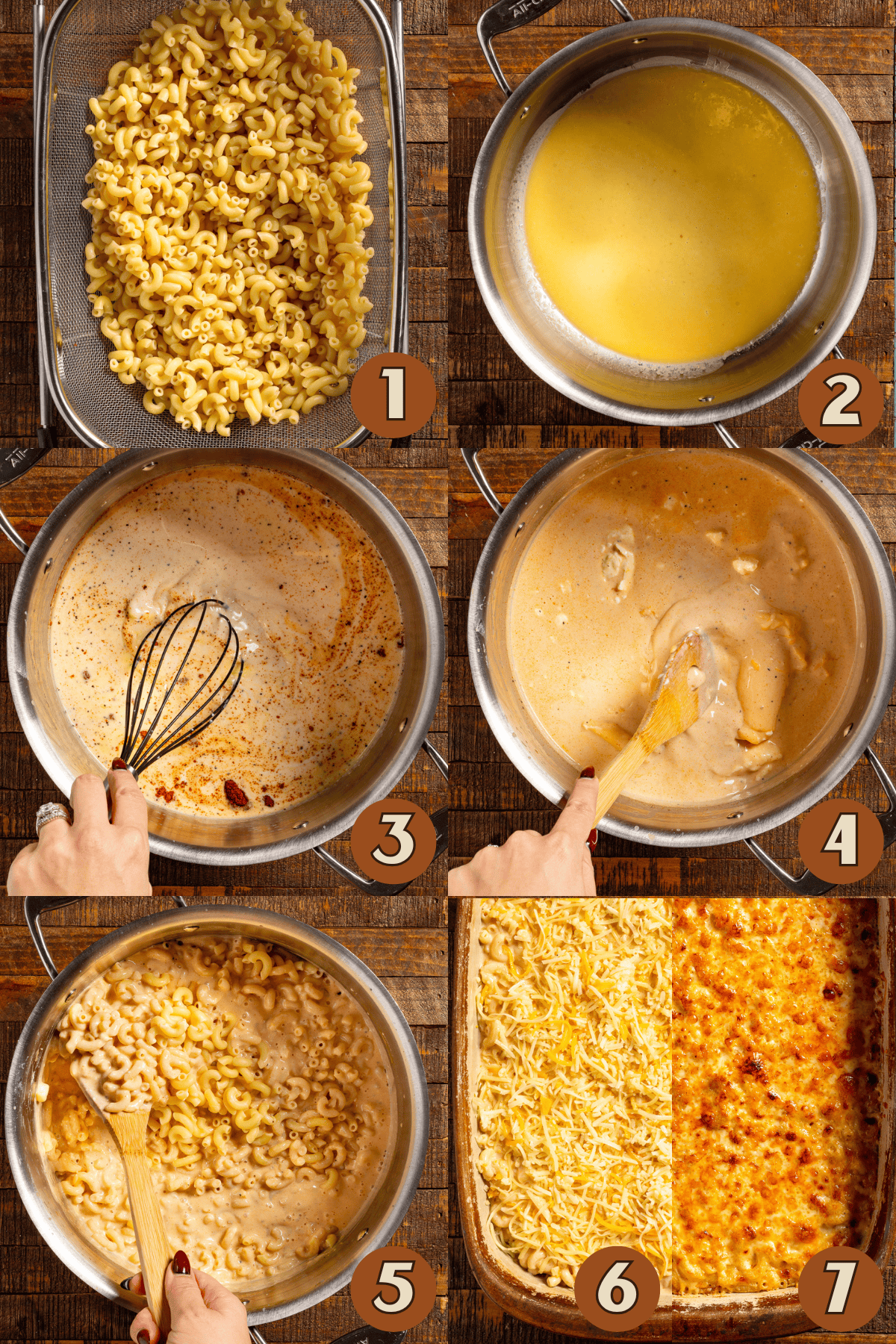 Process steps on how to make baked mac and cheese.