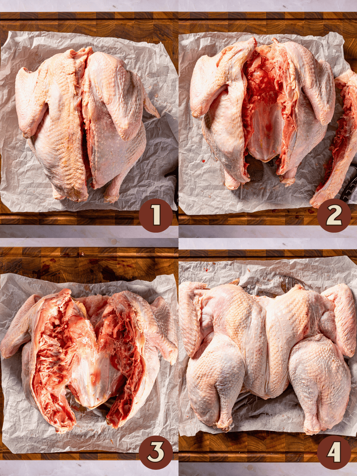 Steps of how to spatchcock a turkey.