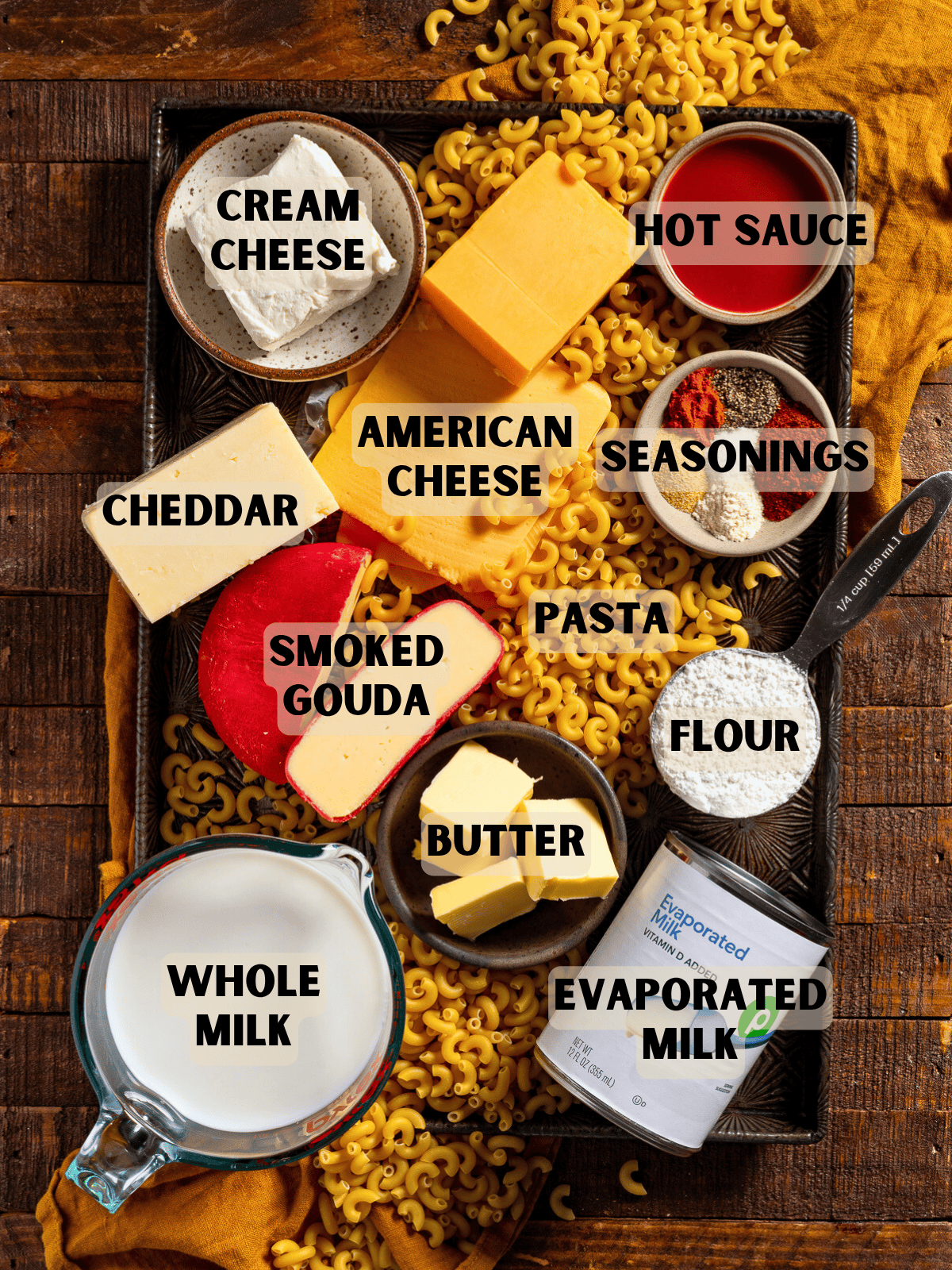 Labeled Ingredients for baked mac and cheese.