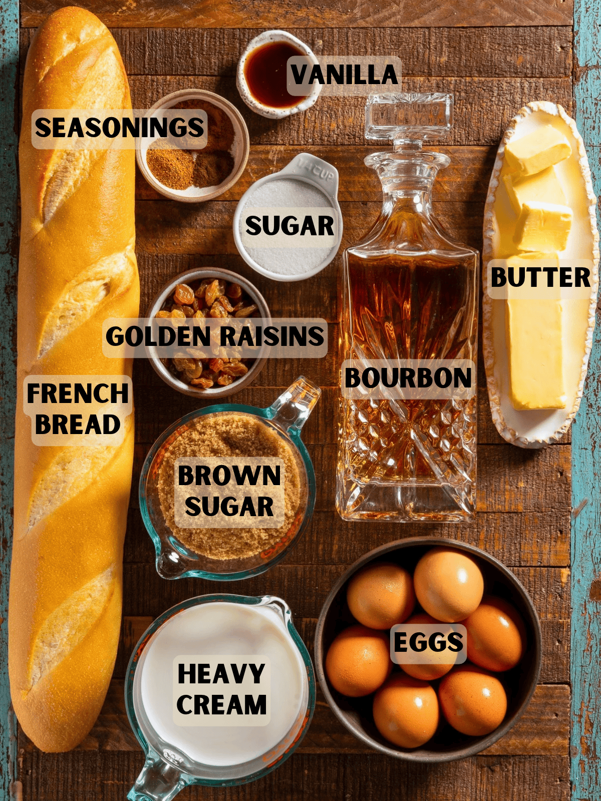 Labeled Ingredients for New Orleans bread pudding with whiskey sauce.