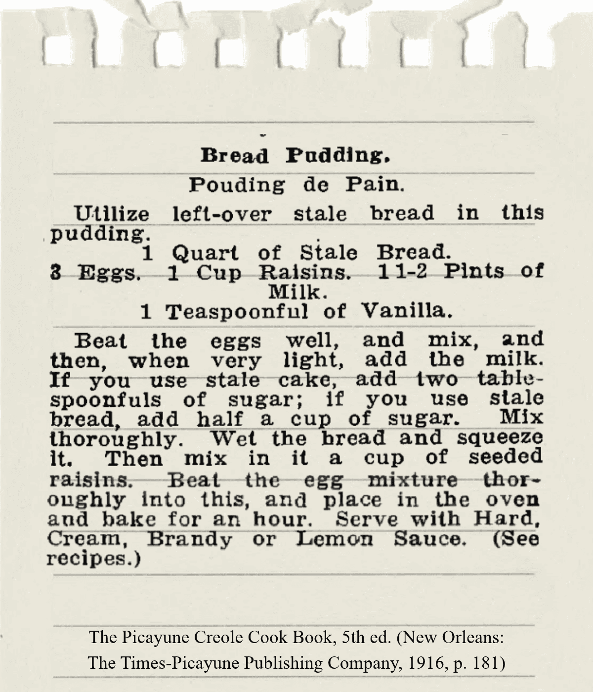 A printed recipe for bread pudding on a piece of paper.
