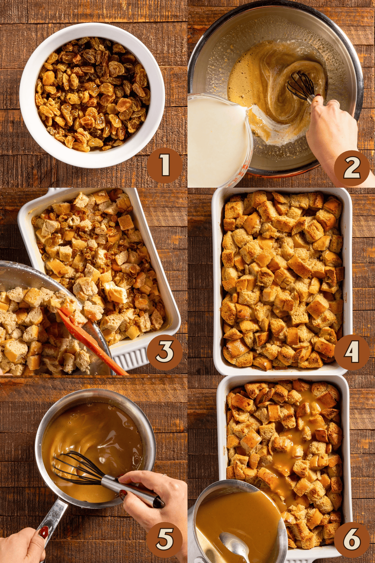 Steps of how to make bread pudding with bourbon sauce..